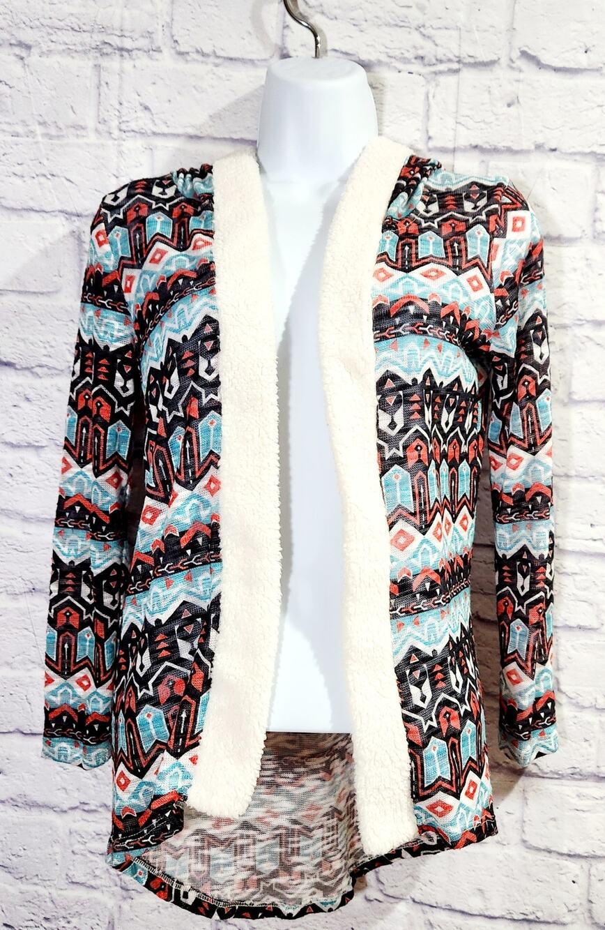 Self Esteem Black Teal Orange Sherpa Collar Cardigan Medium Hooded